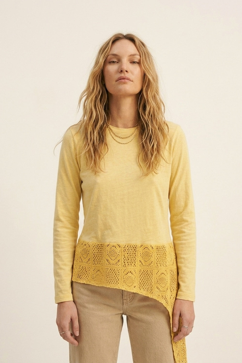 top with crochet Insert and Asymmetrical Hem in Yellow - top