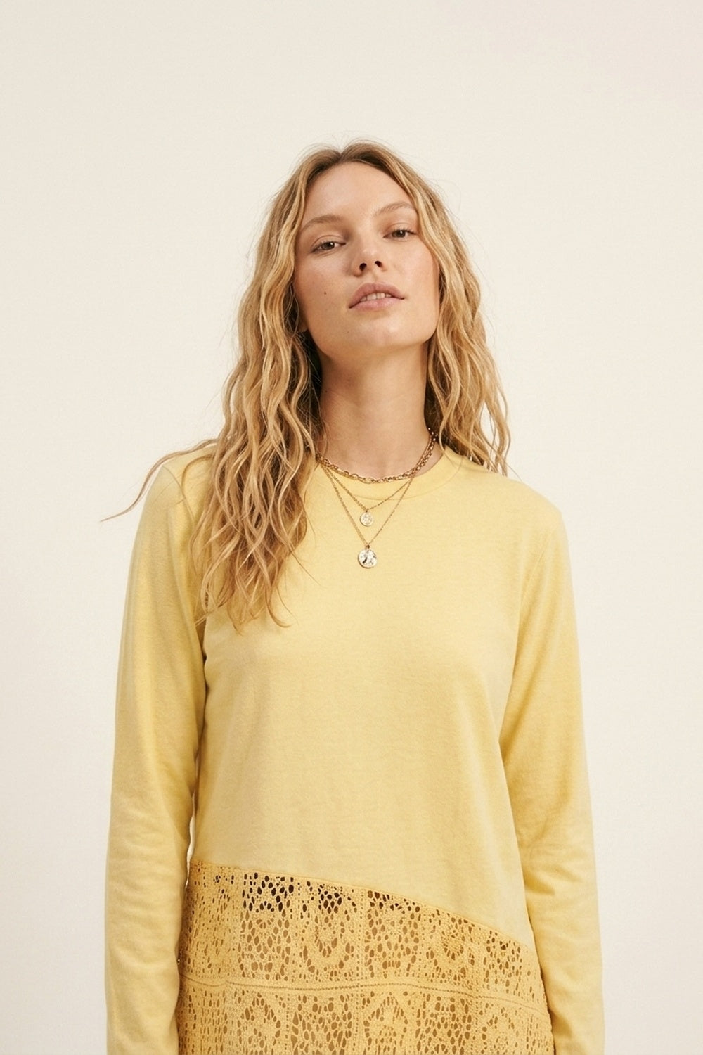 top with crochet Insert and Asymmetrical Hem in Yellow - top