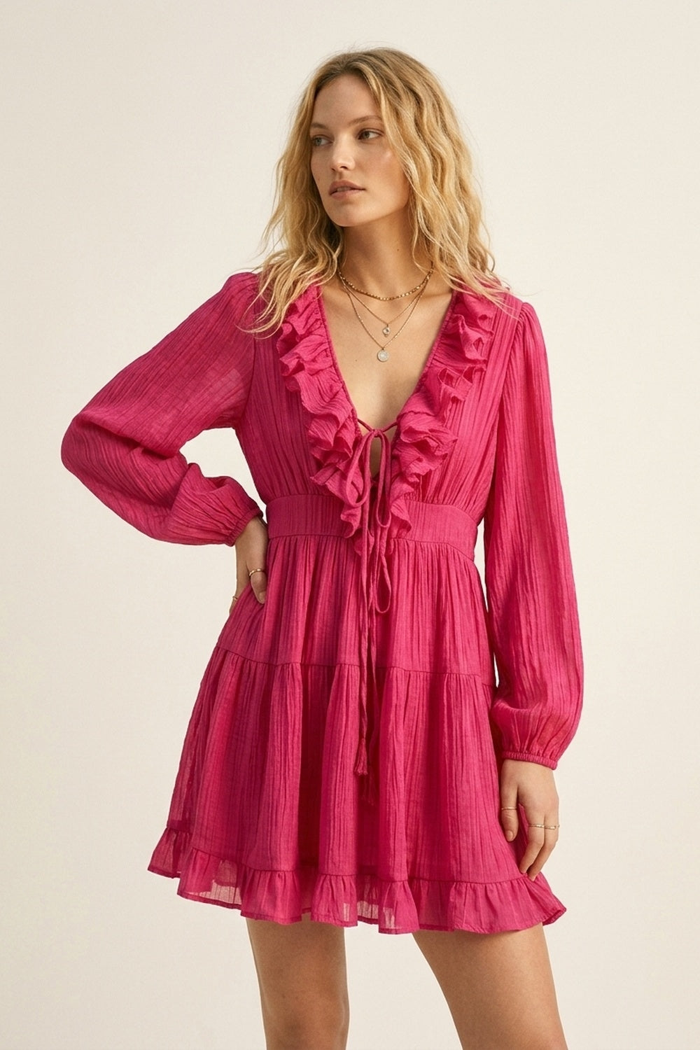 Fuschia Crinkle Chiffon Ruffle V-Neck Tie Waist Mini Dress