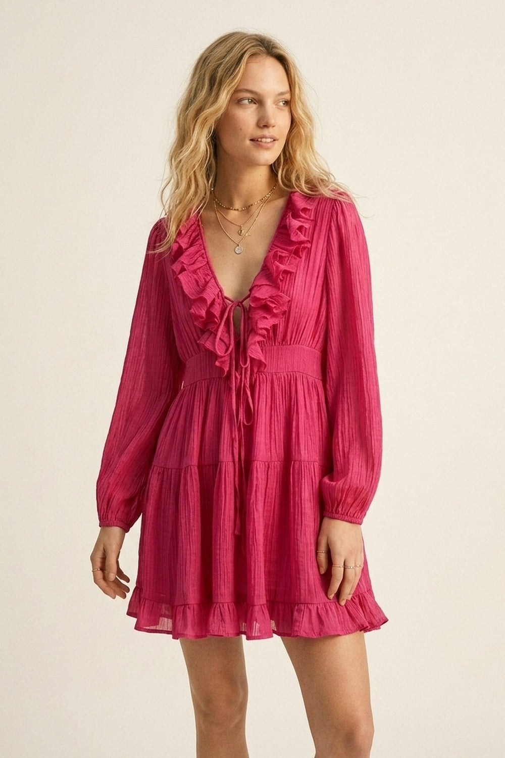 Fuschia Crinkle Chiffon Ruffle V-Neck Tie Waist Mini Dress - dress