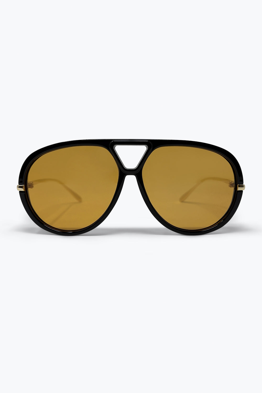 Black Oversize Aviator Frame Gold Trim Amber Lens Sunglasses
