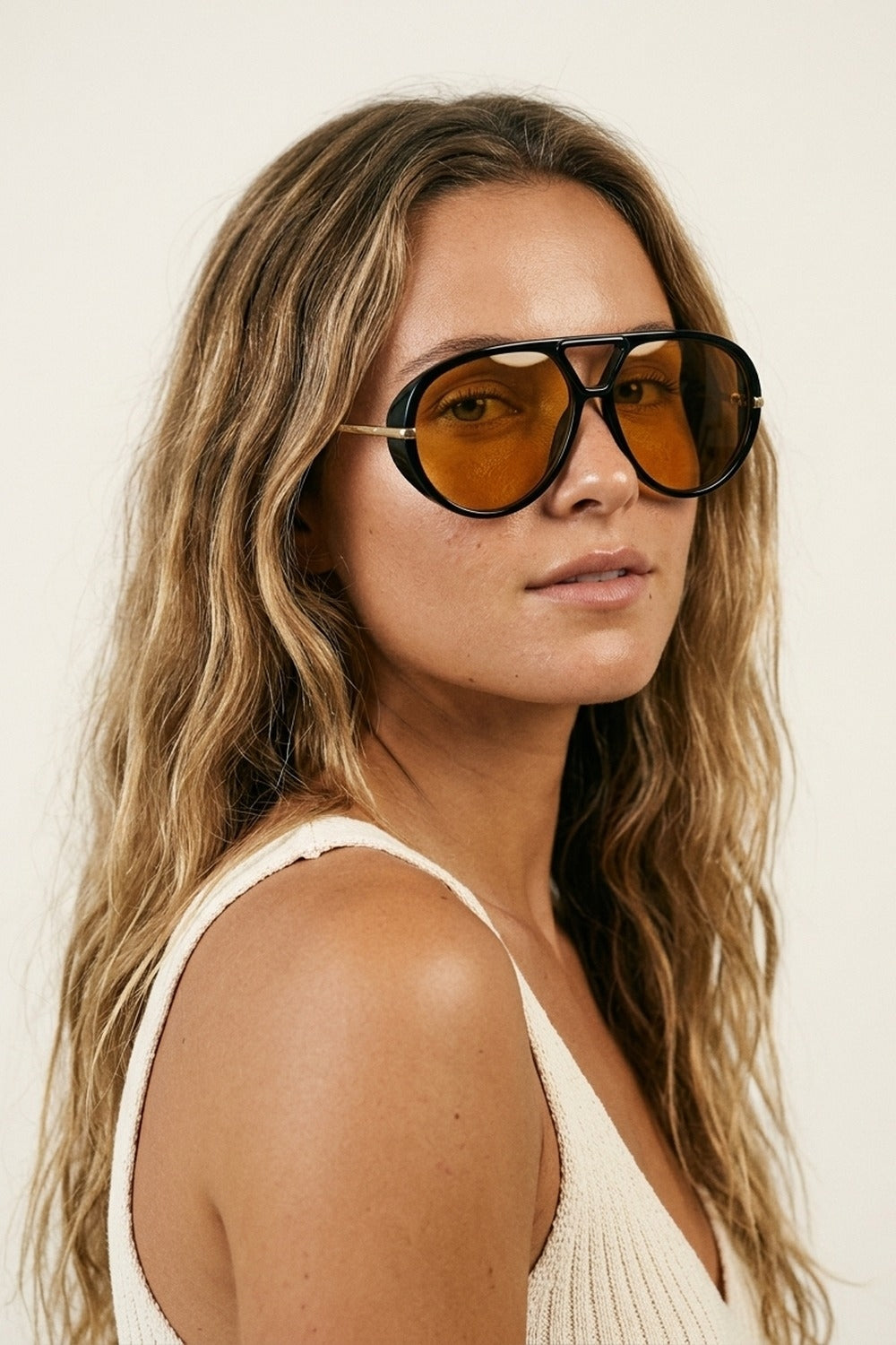 Black Oversize Aviator Frame Gold Trim Amber Lens Sunglasses