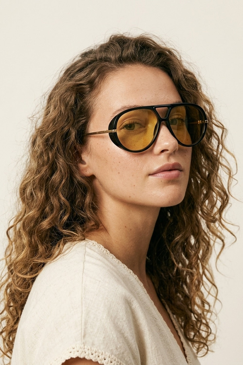Black Aviator Frame Yellow Tinted Oversize Lens Sunglasses
