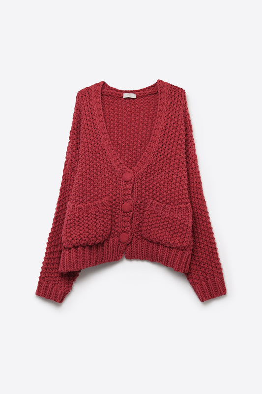 burgundy Chunky Knit Textured Button Front Cardigan - Cardigans