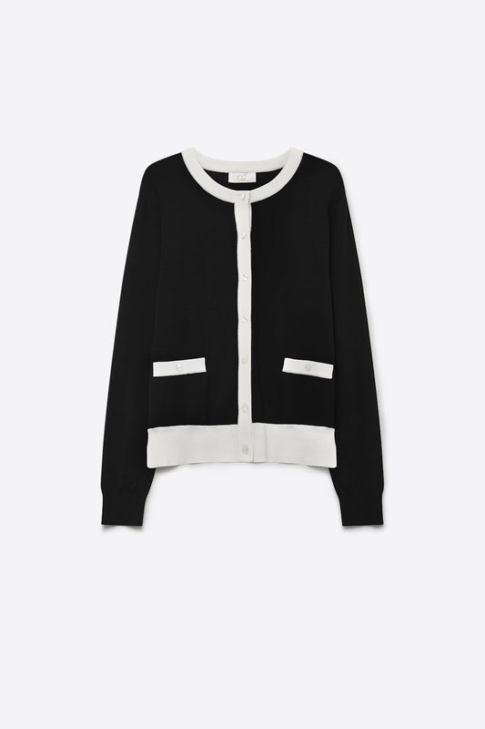 Fine Knit Contrast Trim Regular Fit Cardigan in black color