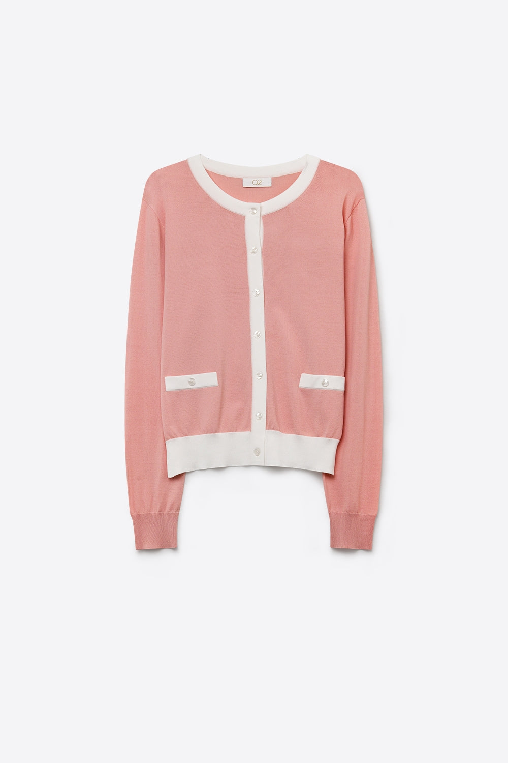 Fine Knit Contrast Trim Cardigan old pink color