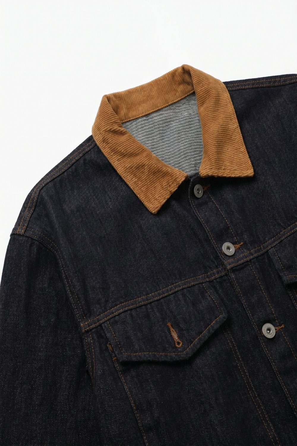 Denim Blue Rigid Denim Corduroy Collar Button Front relaxed Fit Jacket