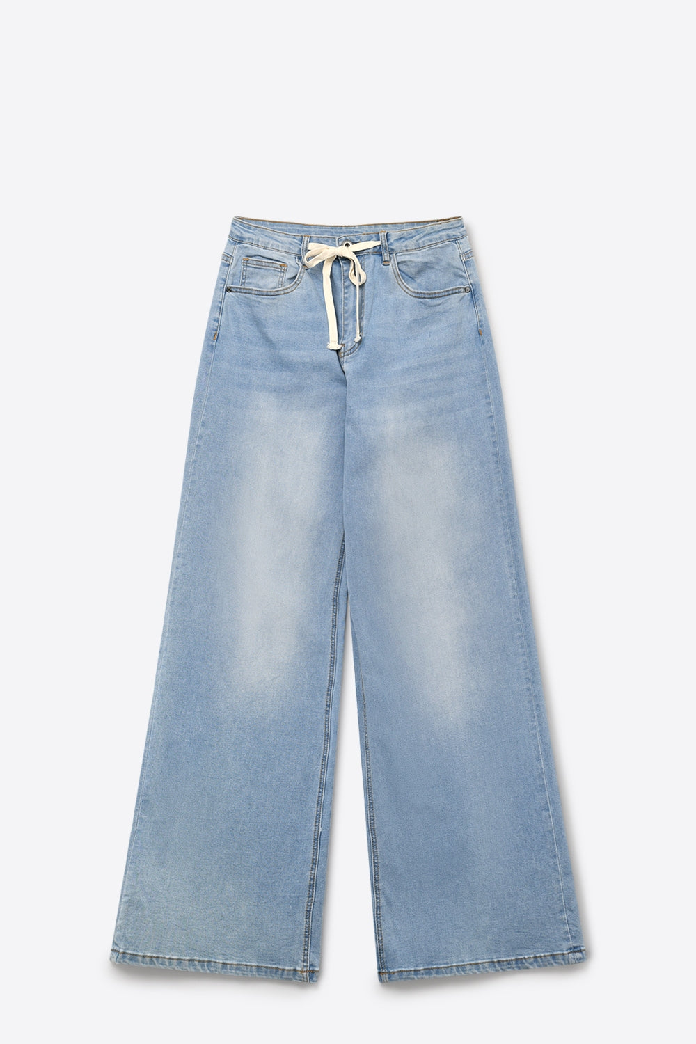 Light Wash Wide-Leg Jeans with Adjustable Drawstring Waist - Denim
