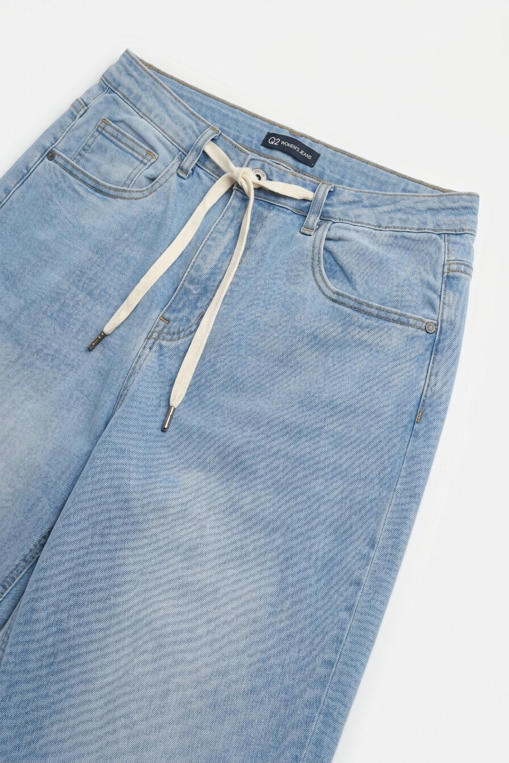 Light Wash Wide-Leg Jeans with Adjustable Drawstring Waist - Denim