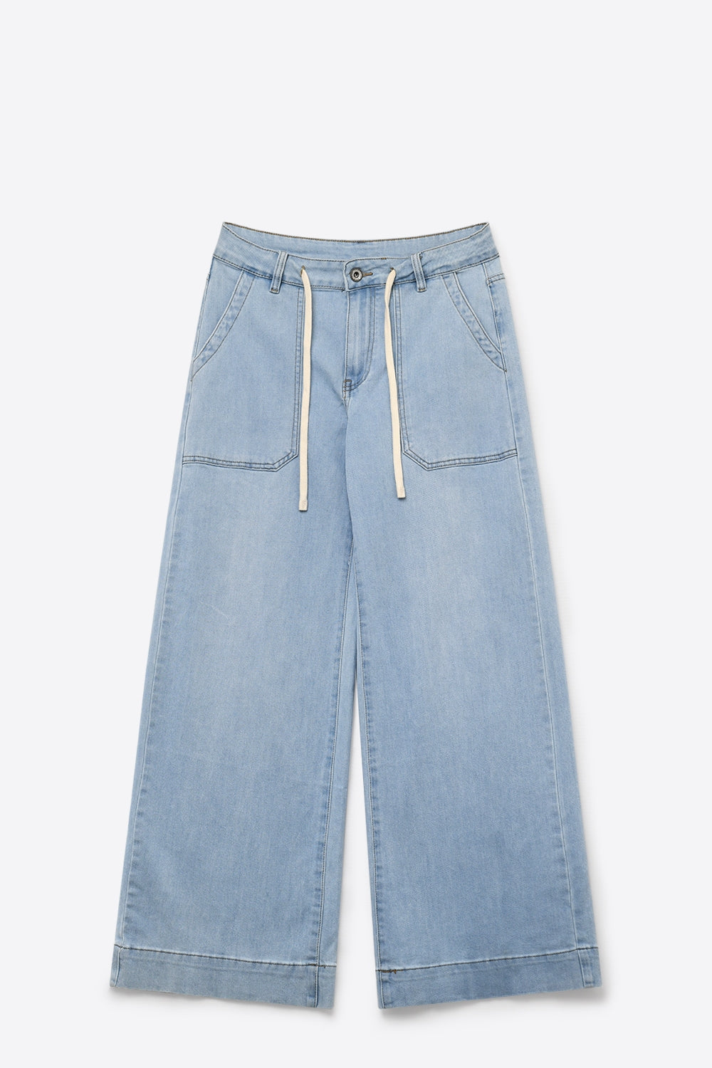 Light Blue Wide-Leg Denim Pants with Drawstring Waist - Denim
