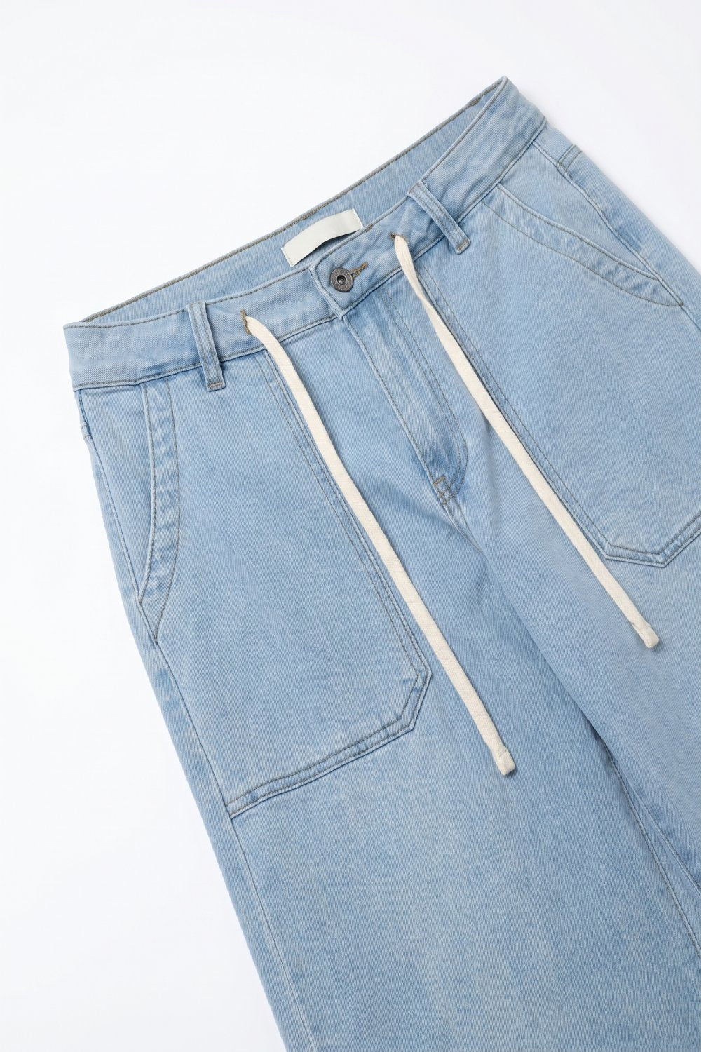 Light Blue Wide-Leg Denim Pants with Drawstring Waist - Denim