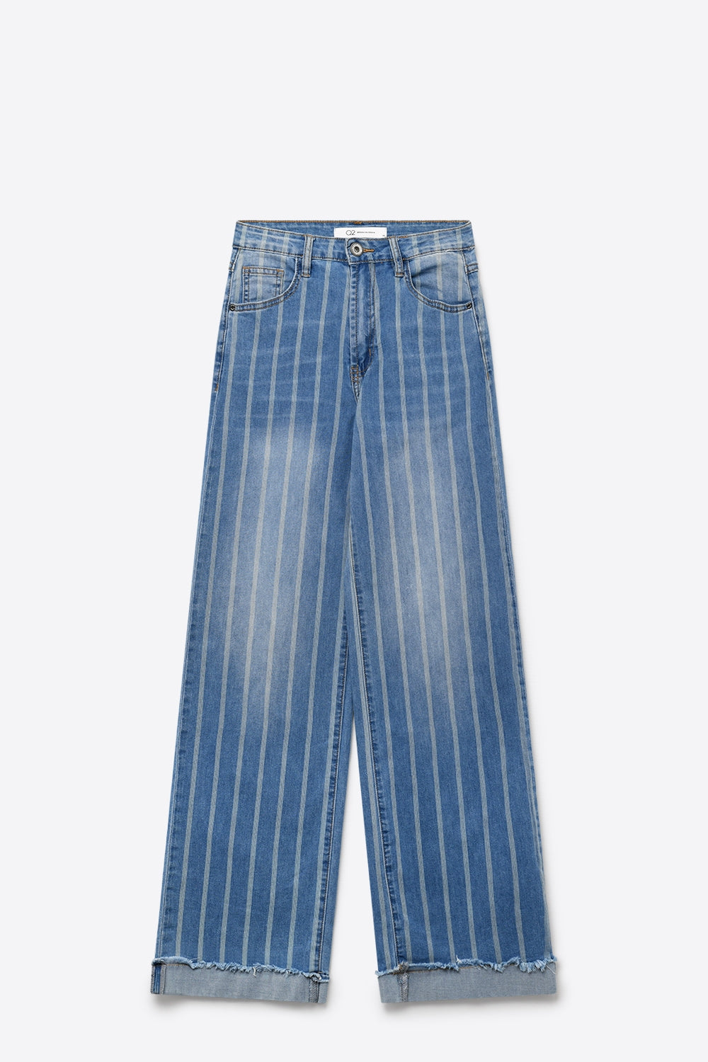 medium wash Blue Jeans with Stripe Design and Frayed Wide Leg - Denim