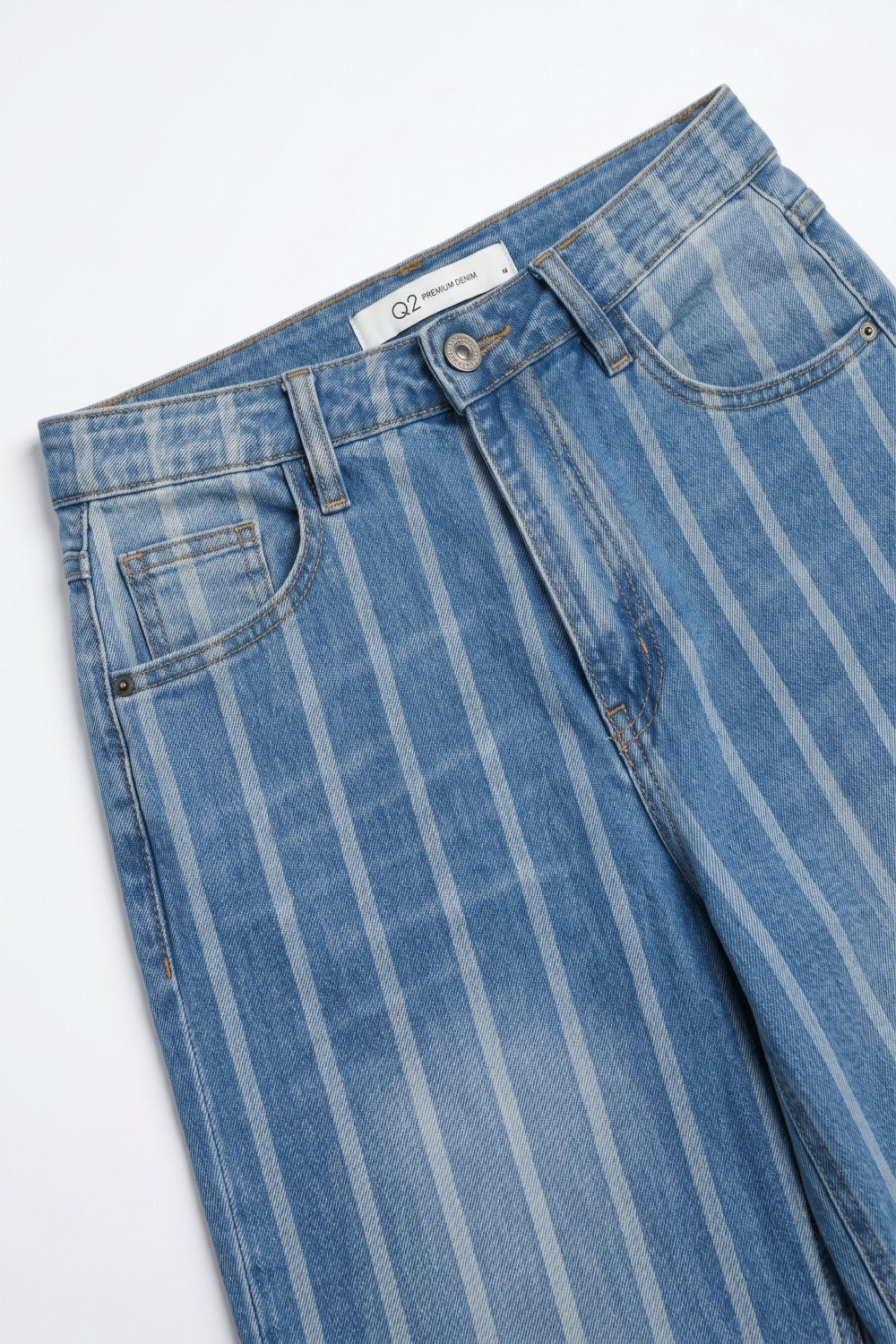 medium wash Blue Jeans with Stripe Design and Frayed Wide Leg - Denim