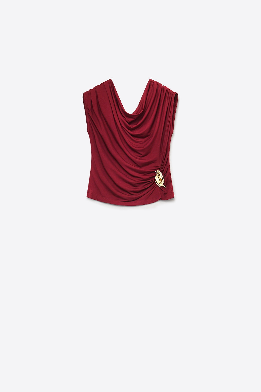 Burgundy Lightweight viscose top with Gold Accent and Draped Sleeveless