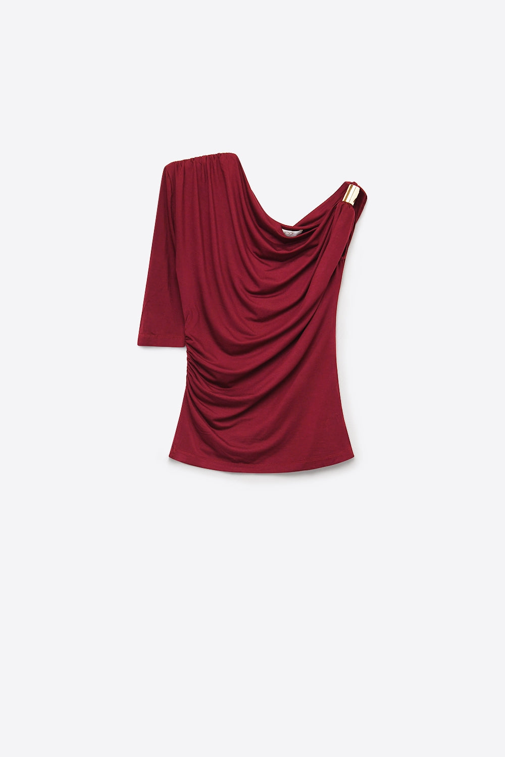 Burgundy Stretch Jersey Metal Accent Draped One-Shoulder Top - Shirts