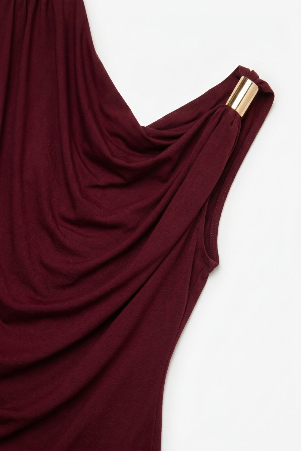 Burgundy Stretch Jersey Metal Accent Draped One-Shoulder Top - Shirts
