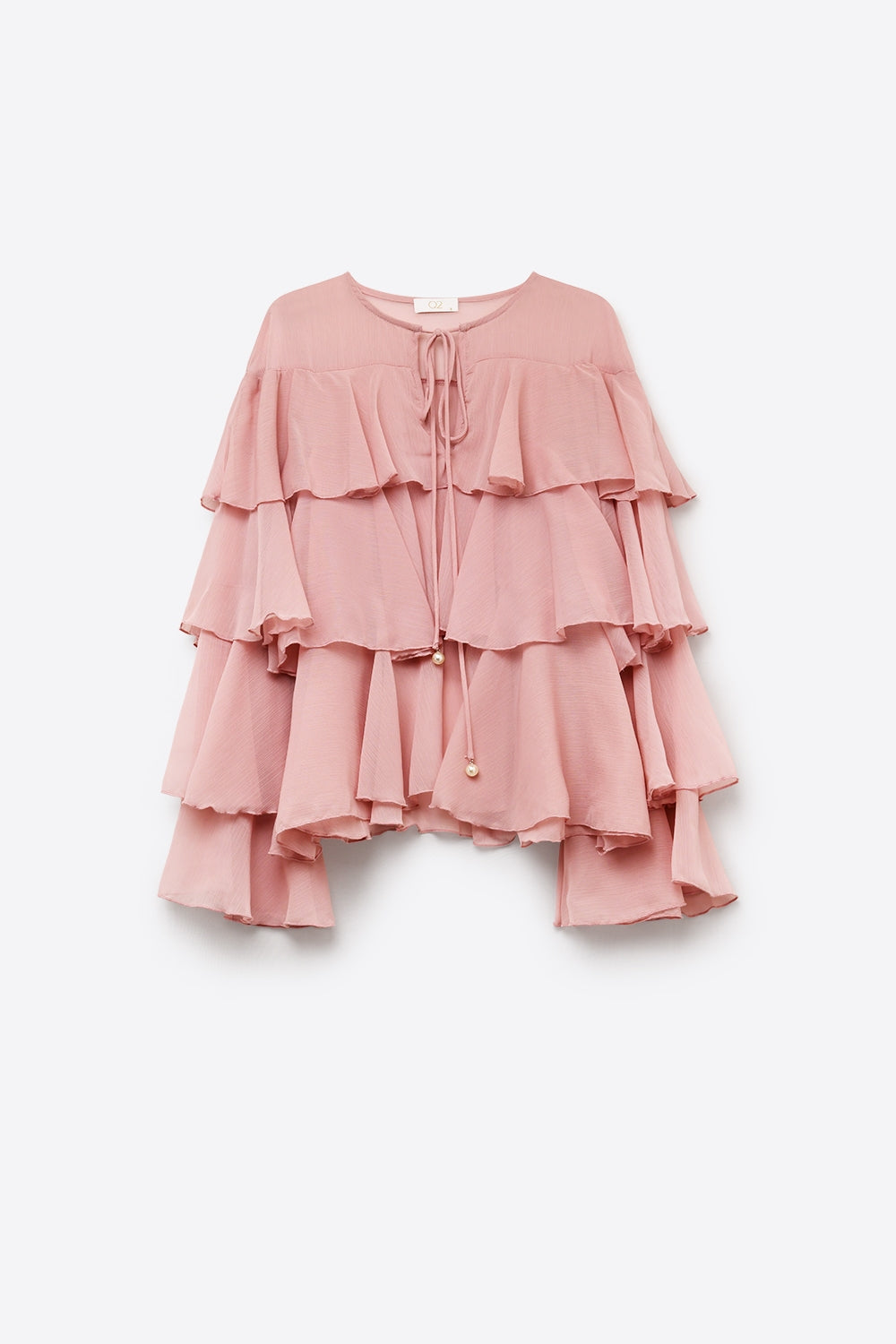 Pink Chiffon Tiered Ruffle Tie-Neck Flared Blouse Top - Shirts