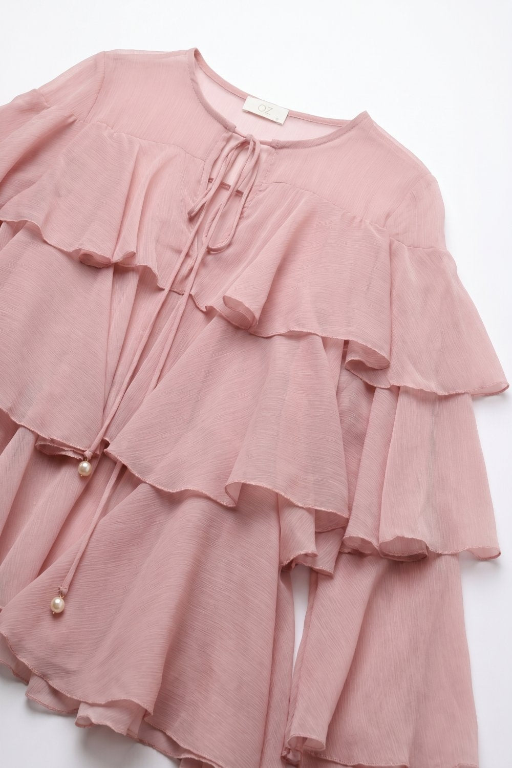 Pink Chiffon Tiered Ruffle Tie-Neck Flared Blouse Top - Shirts