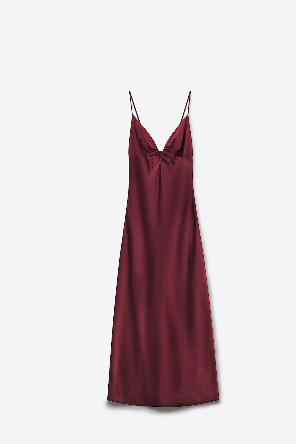 Burgundy Satin Ruched Bust Spaghetti Strap Slip Maxi Dress - dress