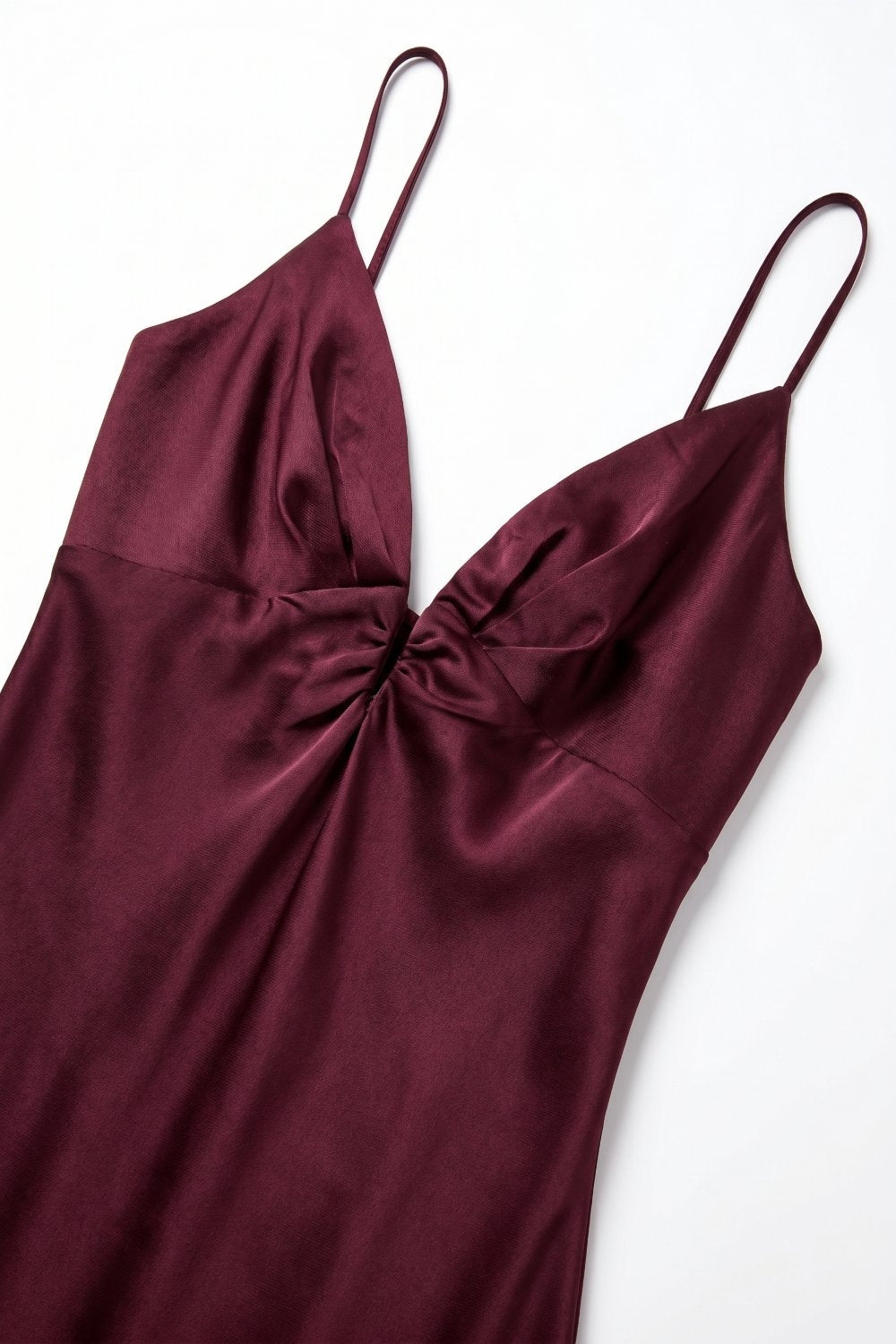 Burgundy Satin Ruched Bust Spaghetti Strap Slip Maxi Dress - dress