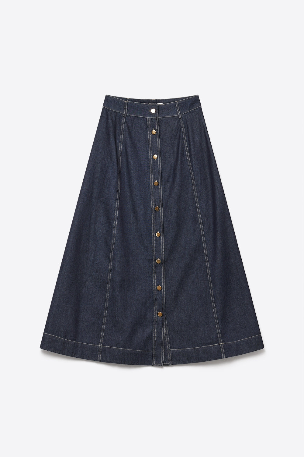 Dark Blue Denim midi skirt with Contrast Stitch Button Front A-Line - Skirts