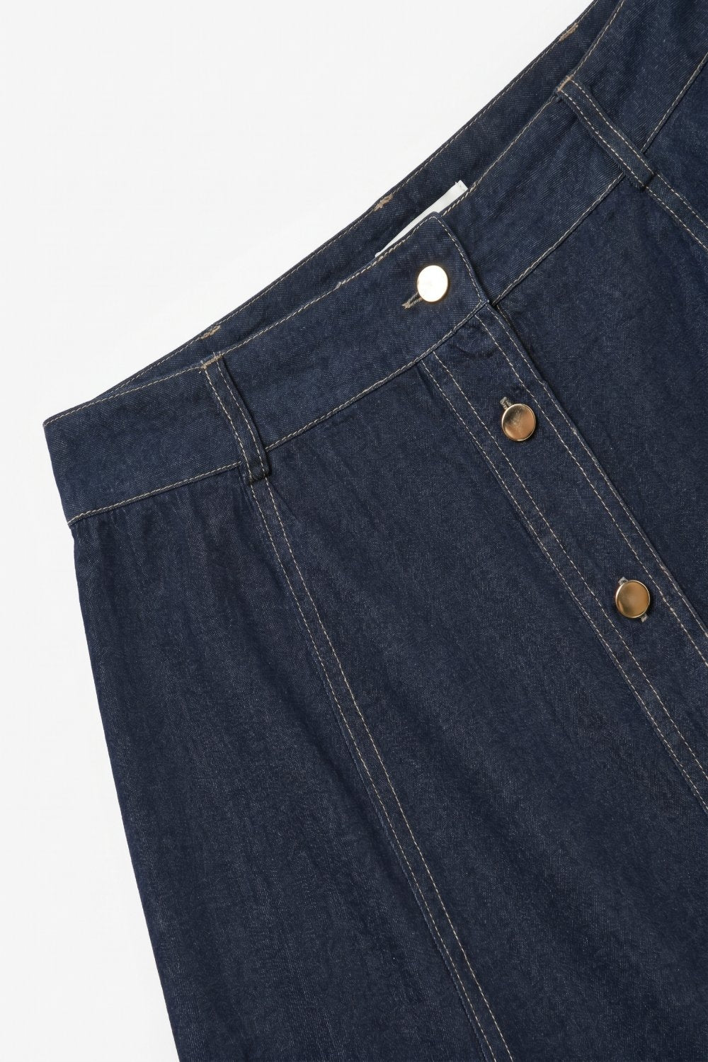 Dark Blue Denim midi skirt with Contrast Stitch Button Front A-Line - Skirts
