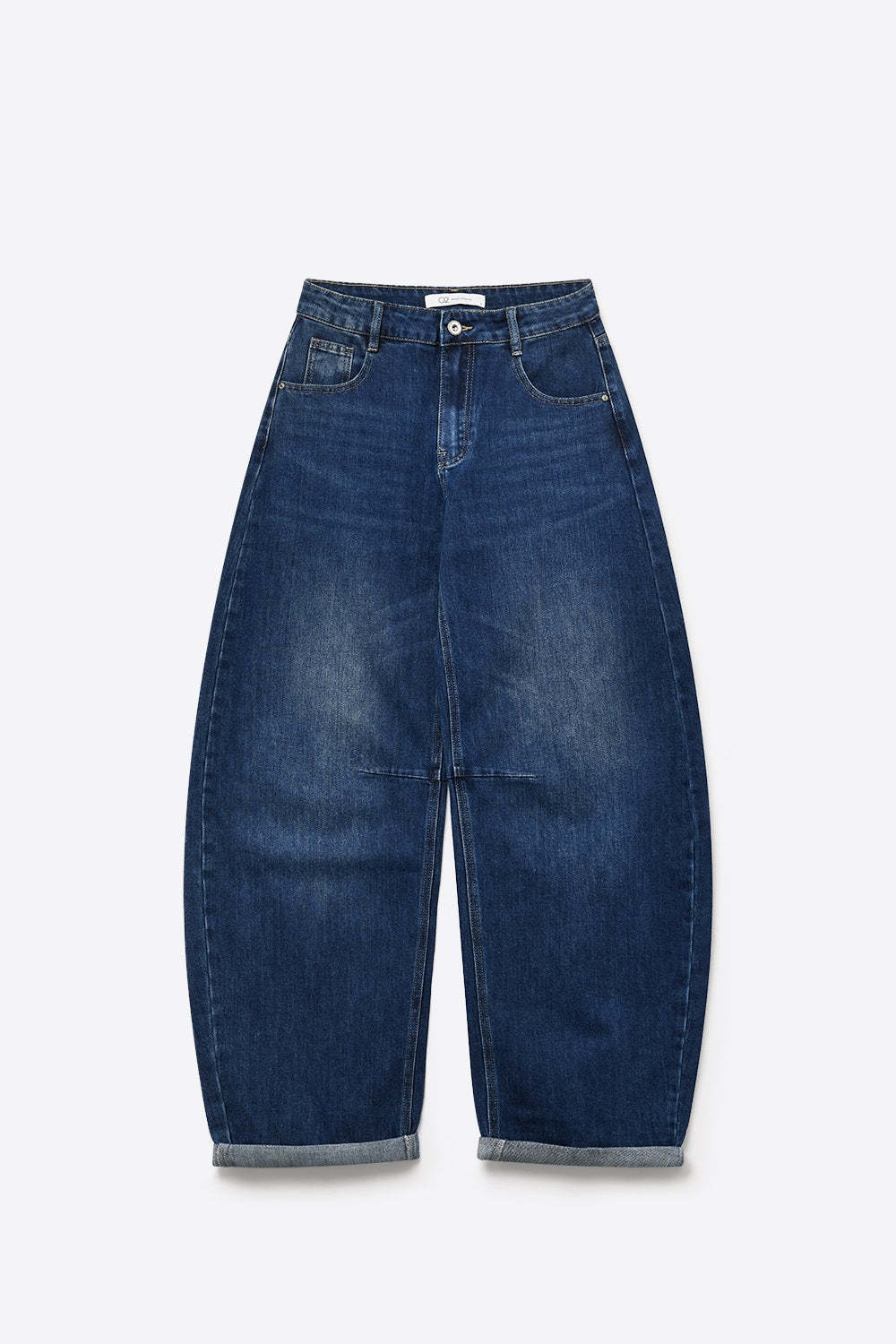 Blue Dark Wash Turn-Up leg Jeans with wide barrel leg style - Denim