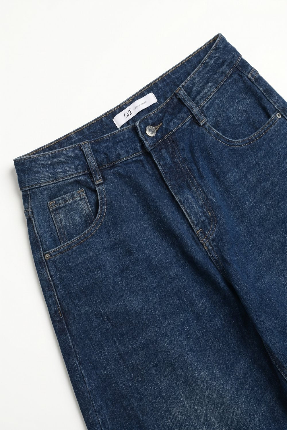 Blue Dark Wash Turn-Up leg Jeans with wide barrel leg style - Denim
