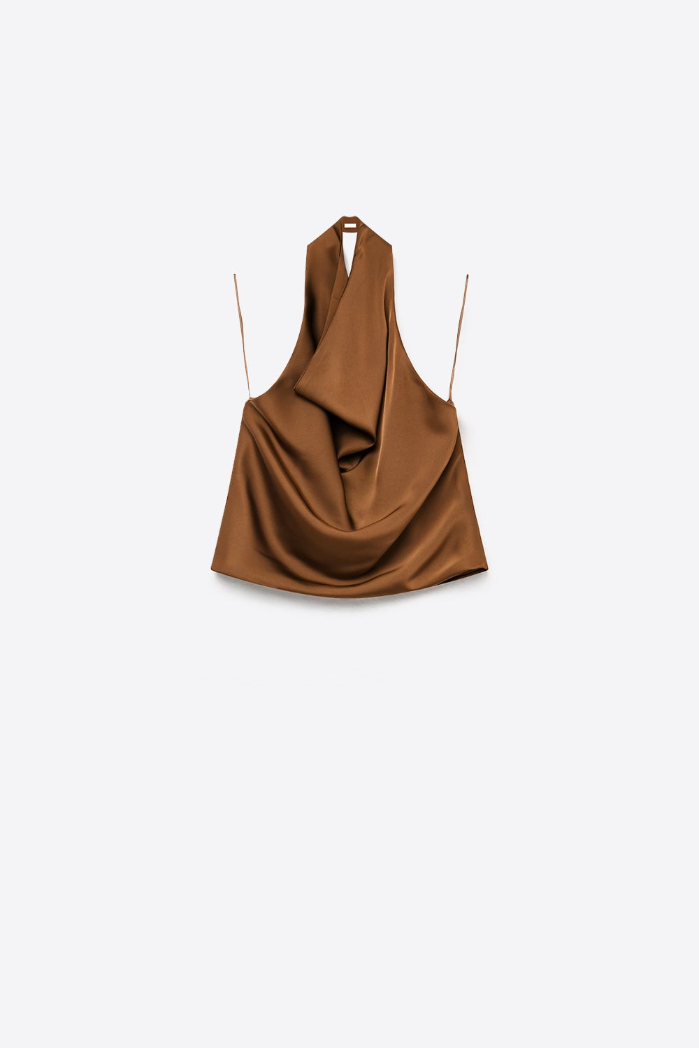 Brown Satin Draped Halter Neck Top - top