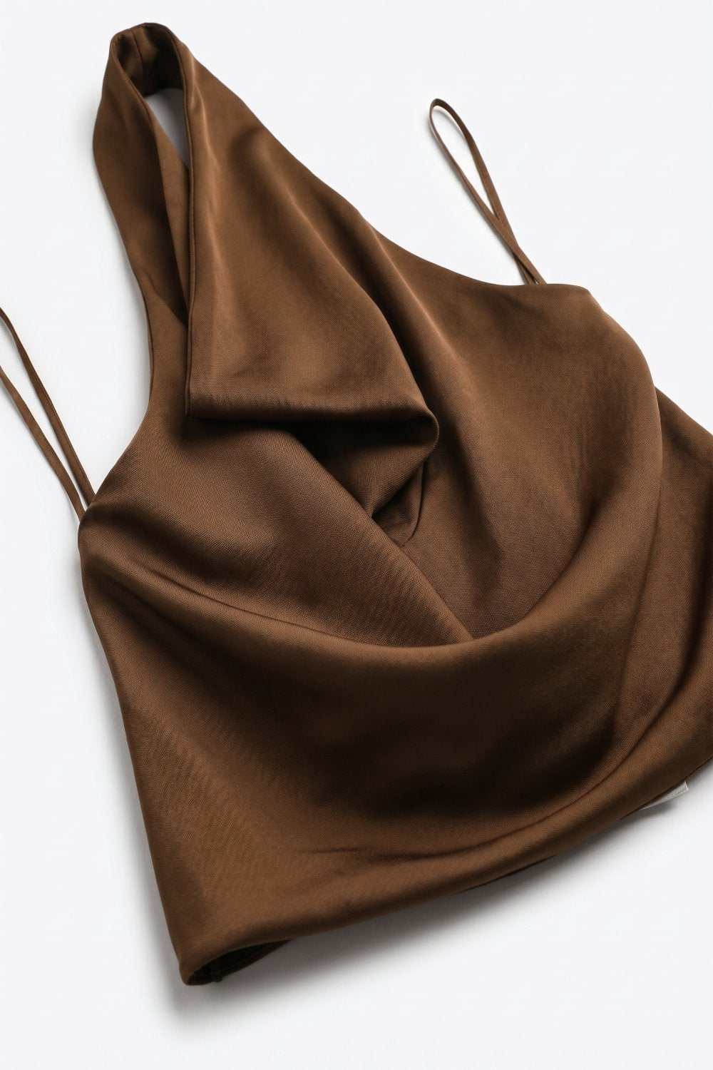 Brown Satin Draped Halter Neck Top - top