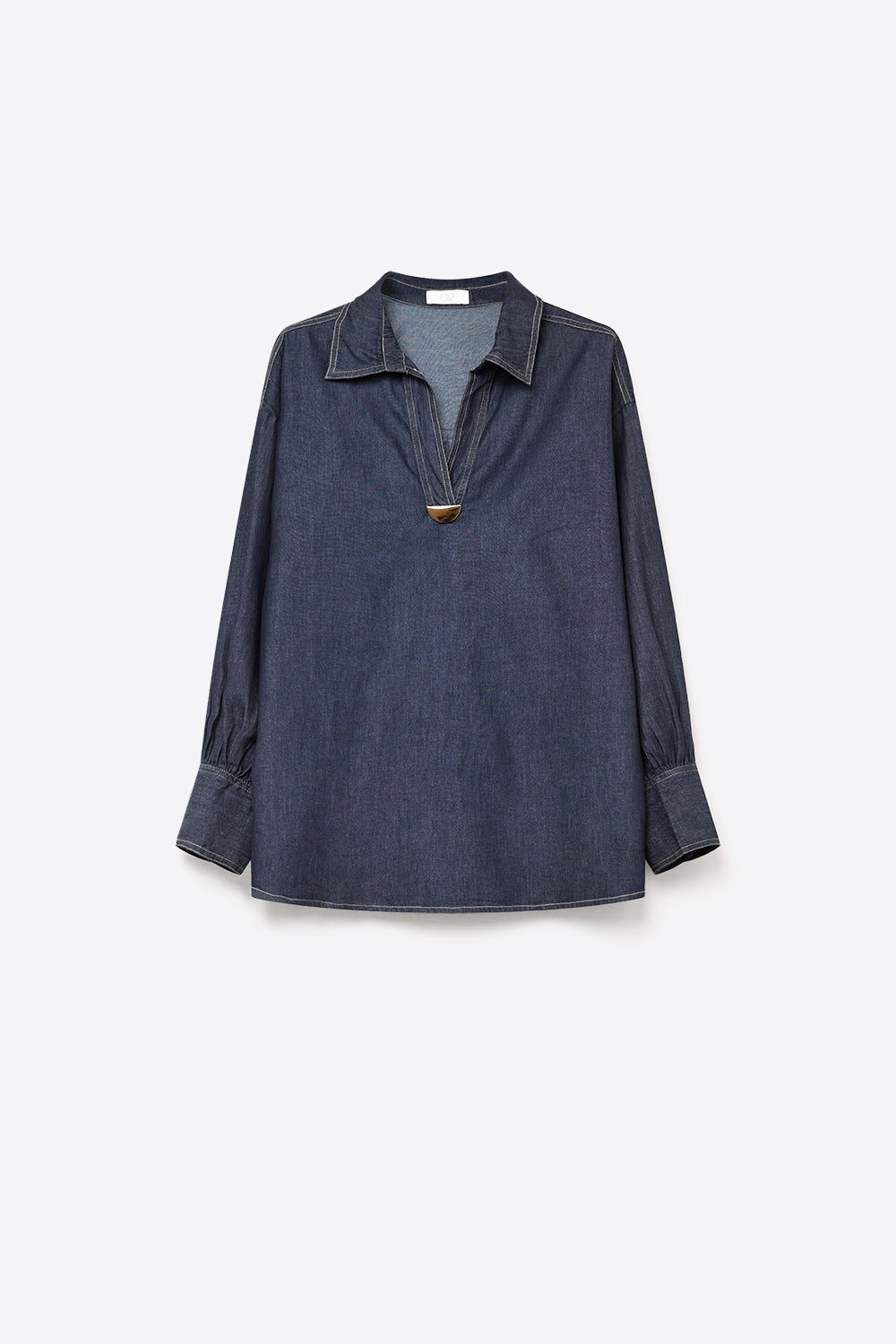 Gold Trim V-Neck Shirt in lightweight denim fabric - Shirts