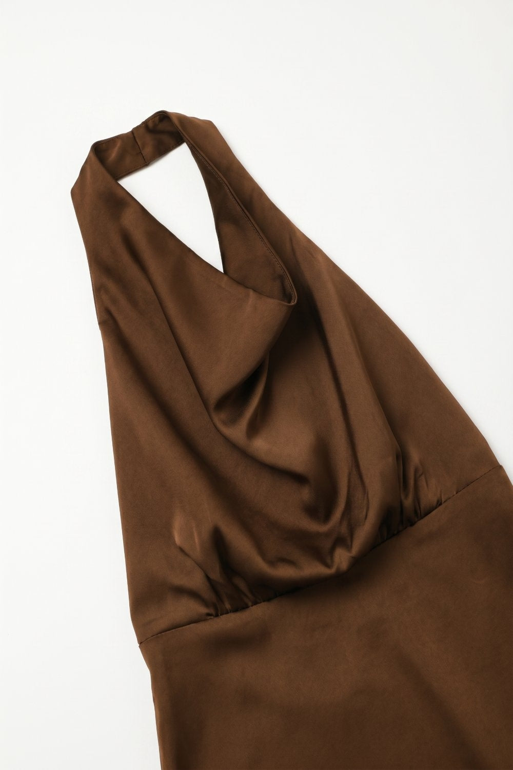 Brown Satin Cowl Neck Halter A-Line mini Dress with open back - dress