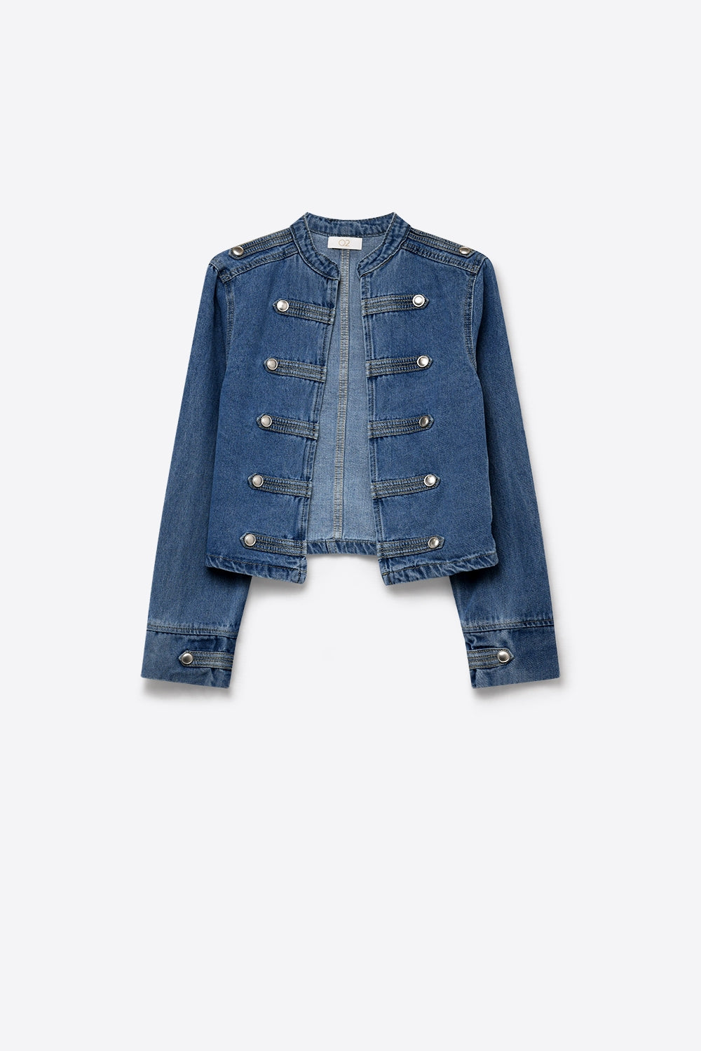 Denim Blue Rigid Non-Stretch Military Button Cropped Jacket - blazer