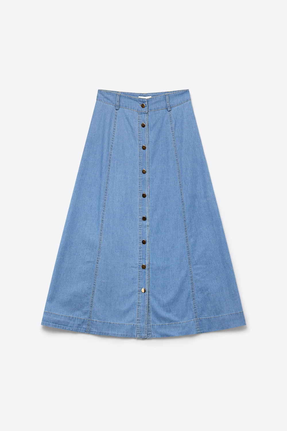 Light Blue Denim midi skirt with Contrast Stitch Button Front A-Line - Skirts
