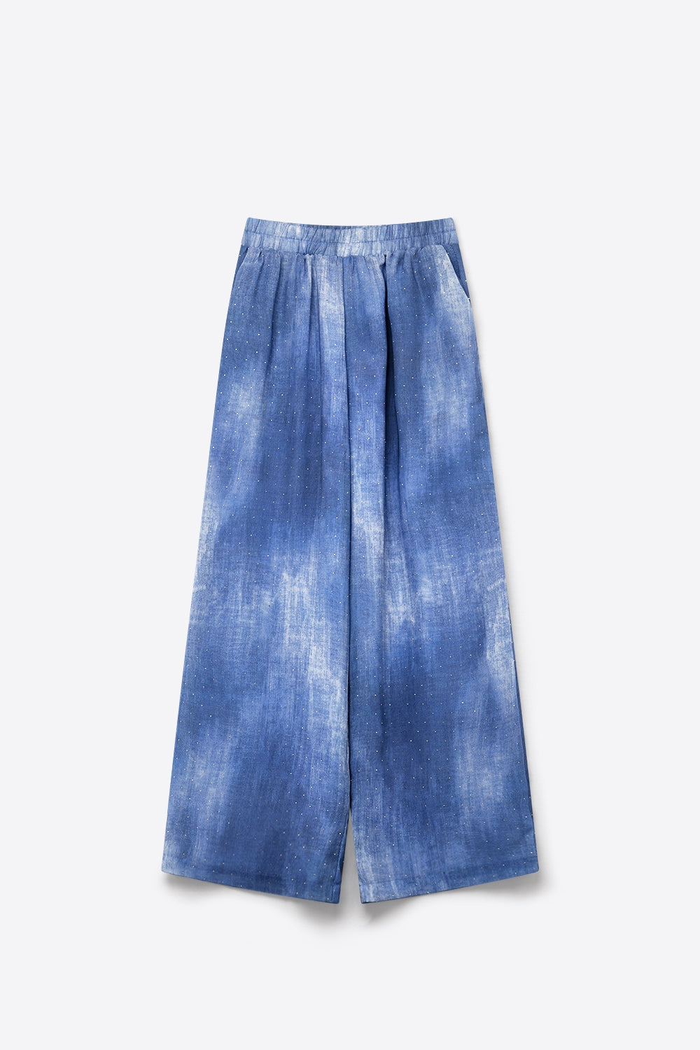 Blue Tie-Dye chiffon Elastic Waist Pants with embellished strass - trousers