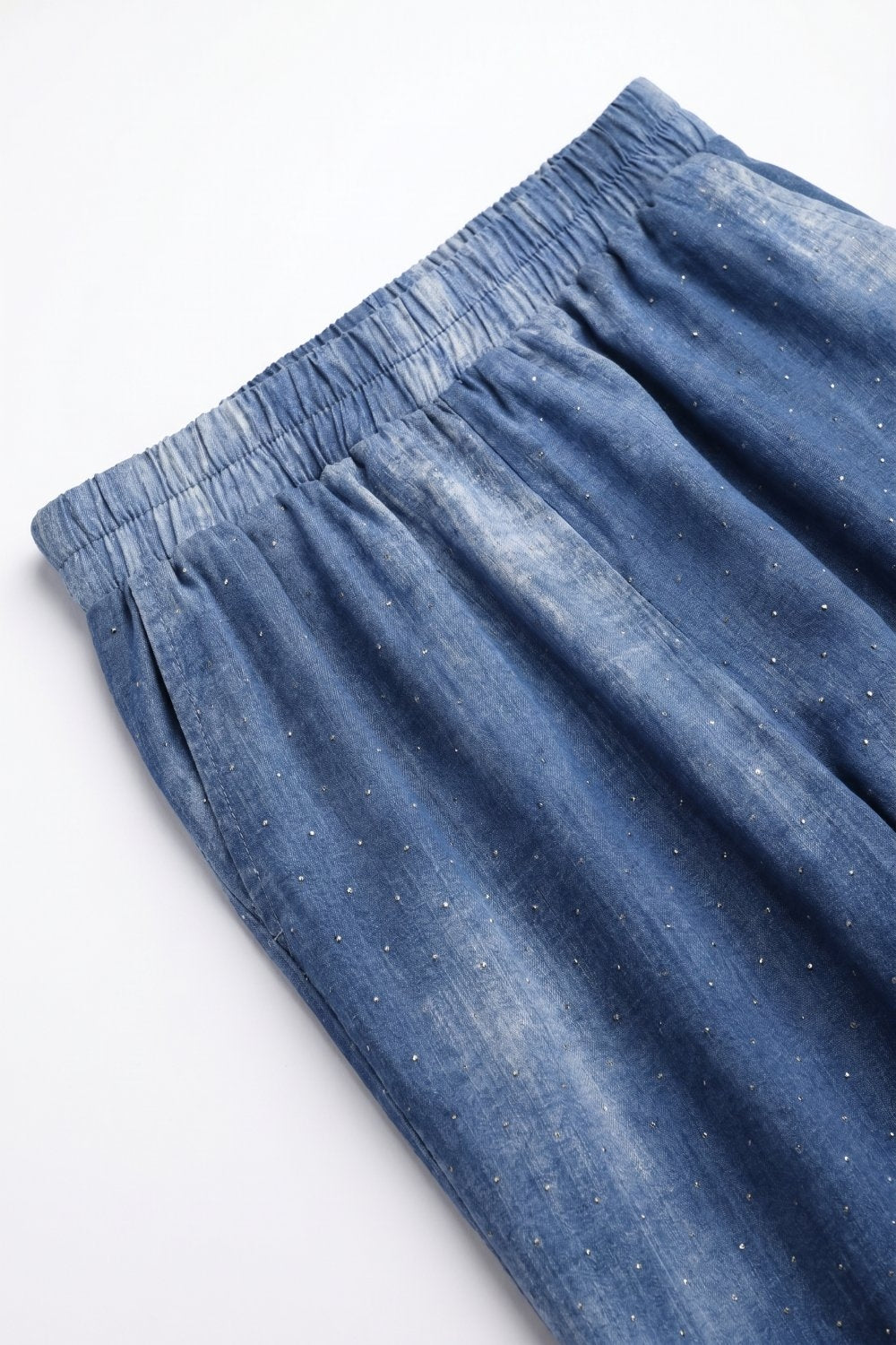 Blue Tie-Dye chiffon Elastic Waist Pants with embellished strass - trousers