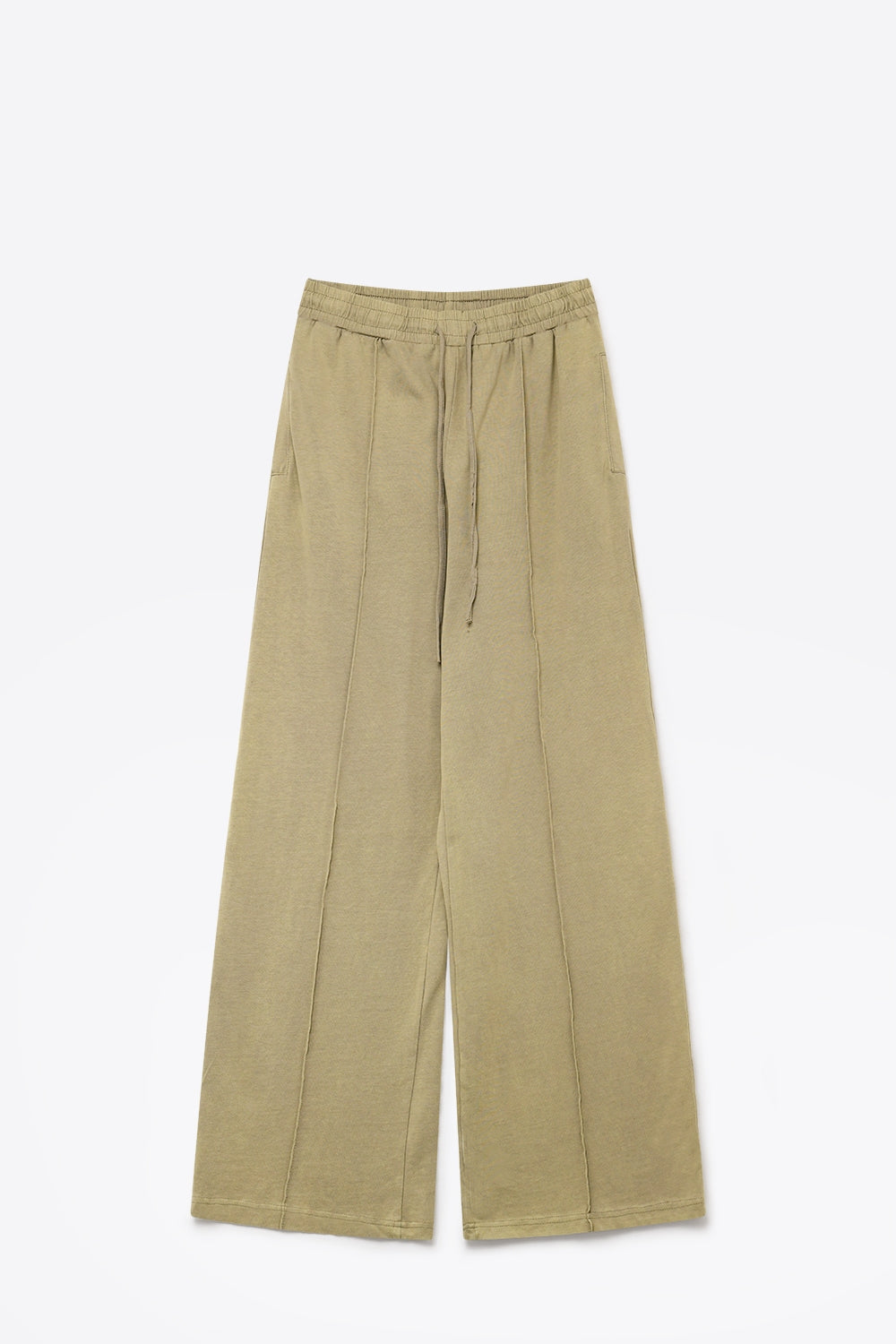 Khaki Cotton Wide Leg Elastic Waist Relaxed Fit Pants - trousers