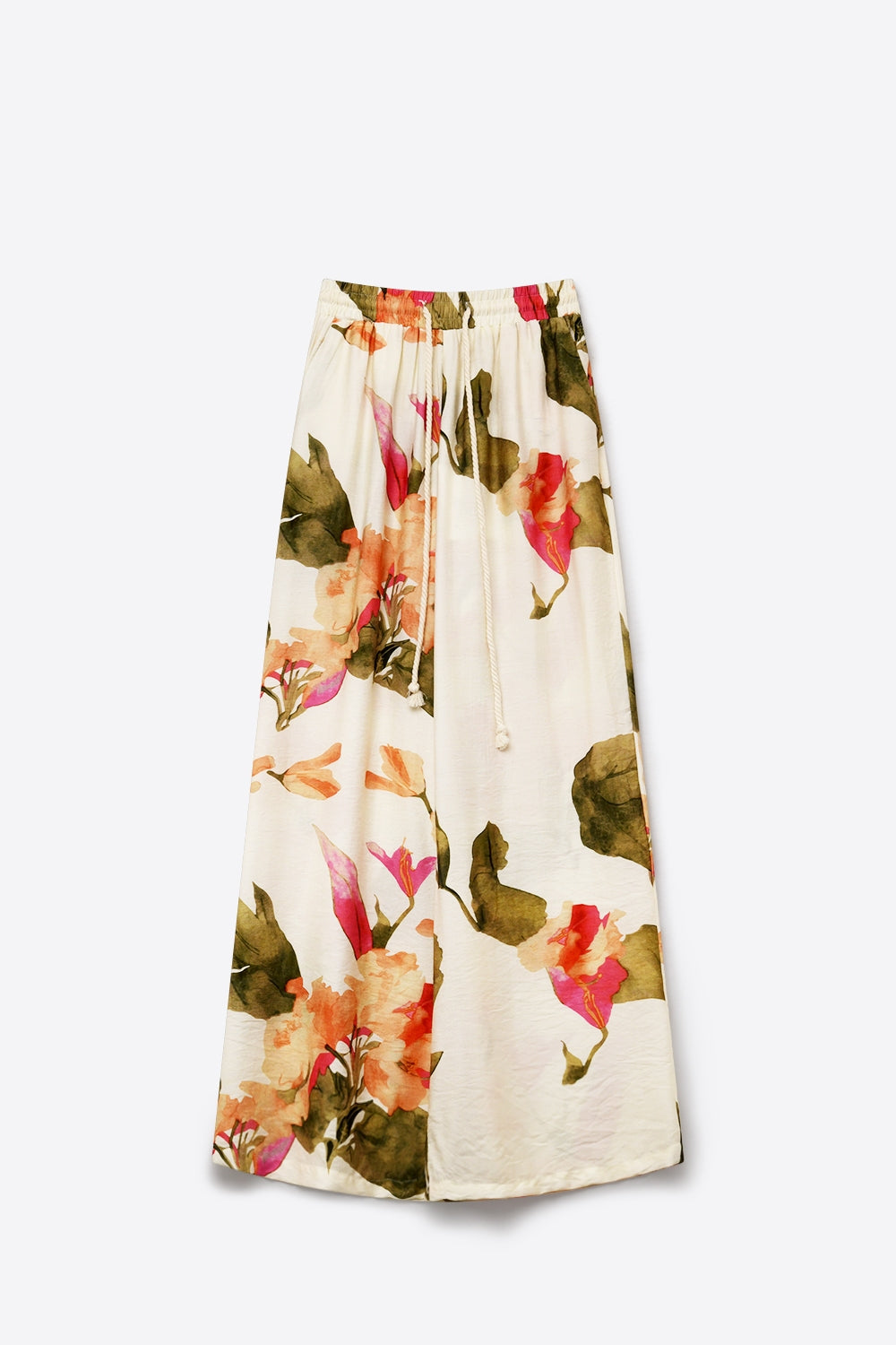 Cream Floral Print wide leg Pants with Elastic Waist - trousers