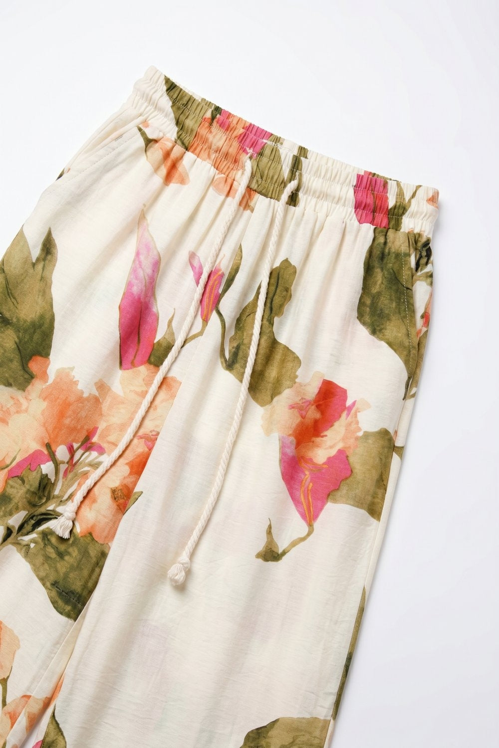 Cream Floral Print wide leg Pants with Elastic Waist - trousers