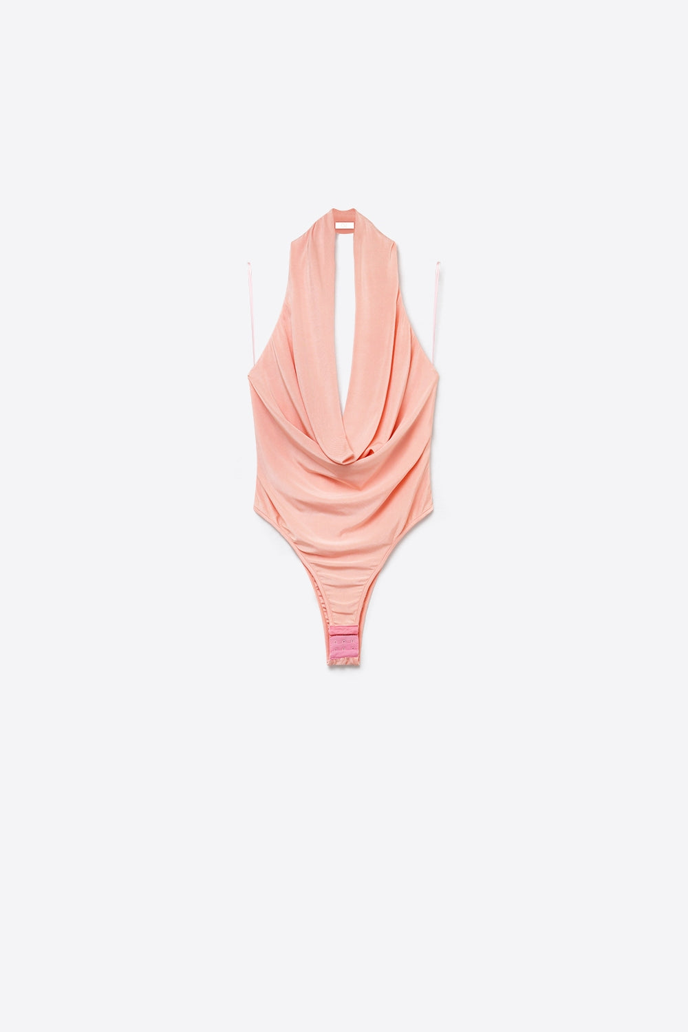 Pink Stretch Jersey Draped Cowl Neck Halter Bodysuit - top