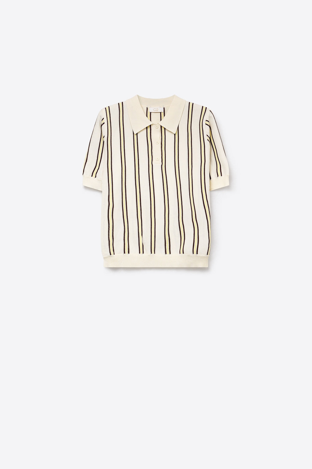 Cream Stripe Fine Knit Button-up Polo - Polos