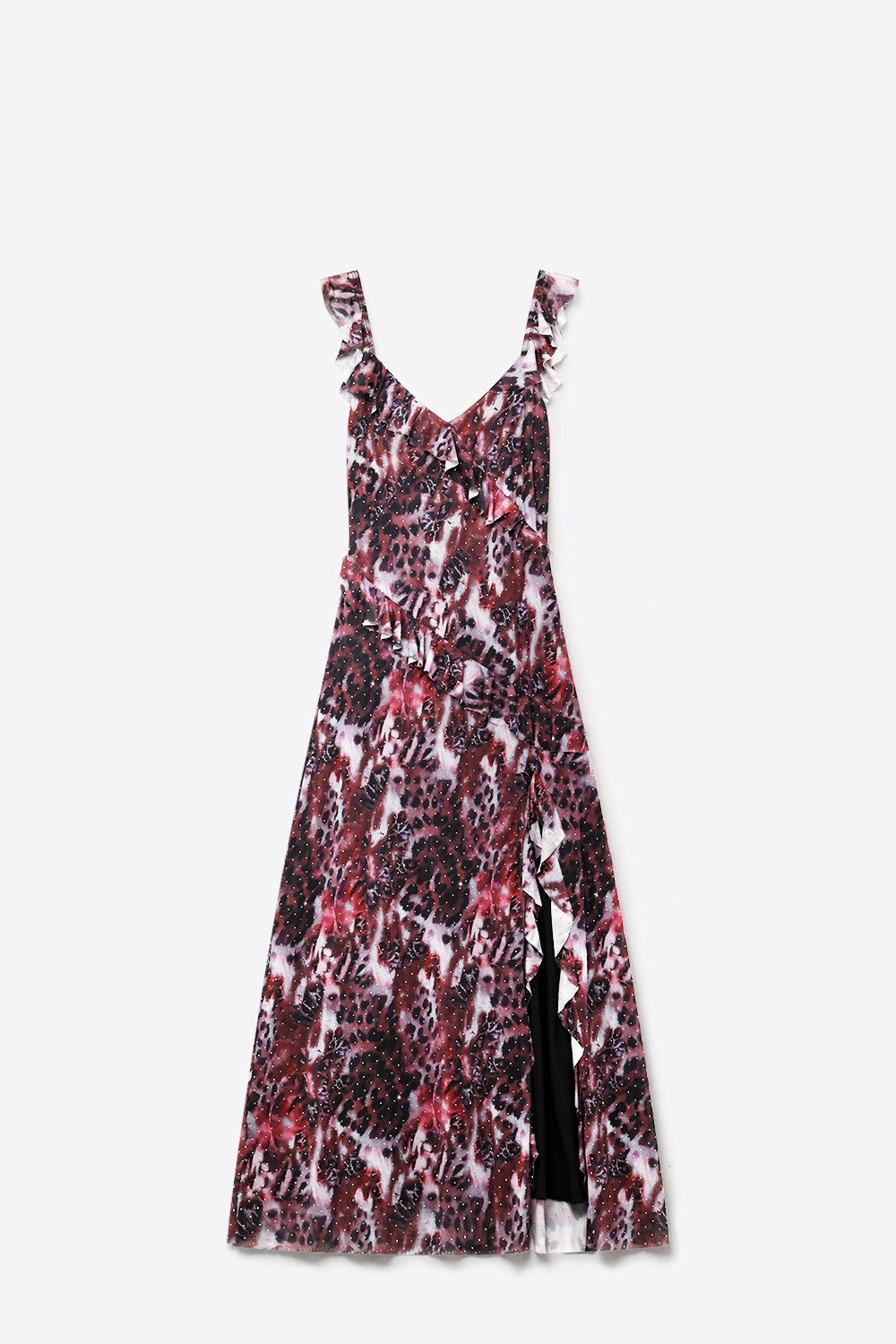 Animal Print Burgundy Mesh Dress With Ruffle Detail - dress