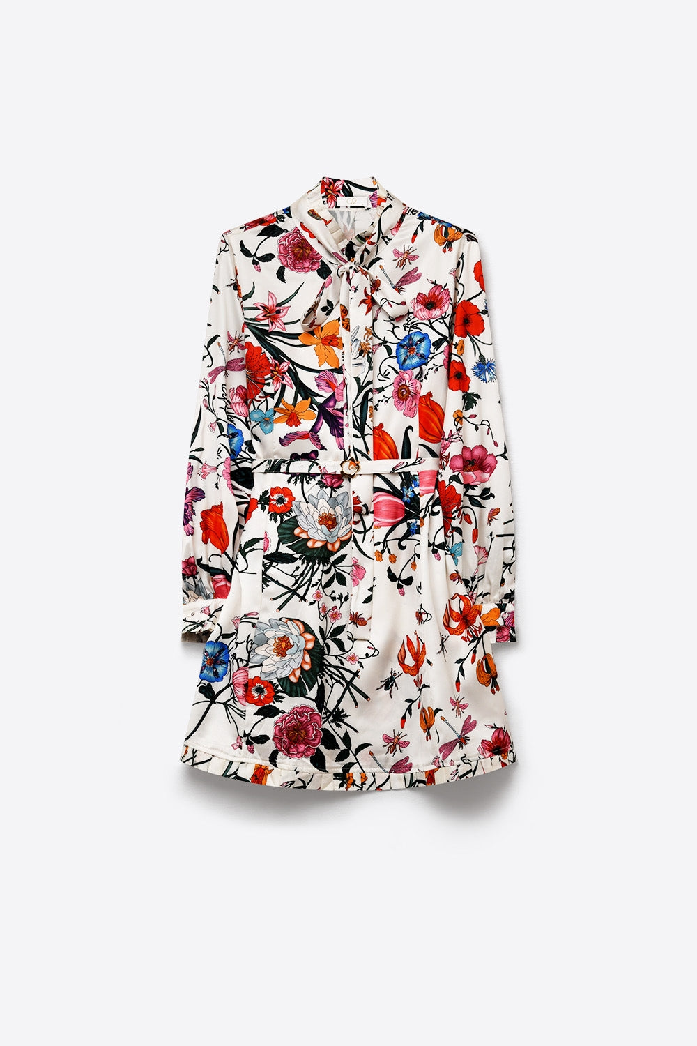 White Floral Print Lightweight Woven Belted Long Sleeve Mini Dress - dress