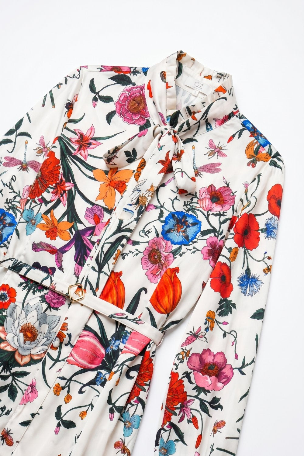 White Floral Print Lightweight Woven Belted Long Sleeve Mini Dress - dress