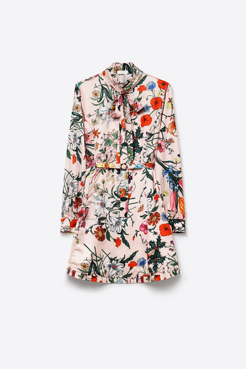 Pink Floral Print Satin Tie Neck Belted Mini Dress - dress