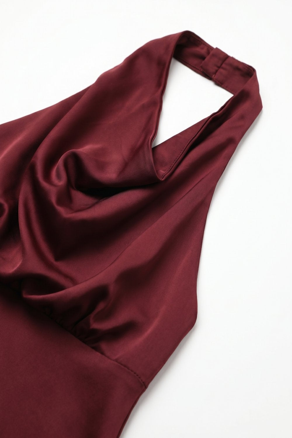 Burgundy Satin Cowl Neck Halter A-Line Mini Dress with open back - dress