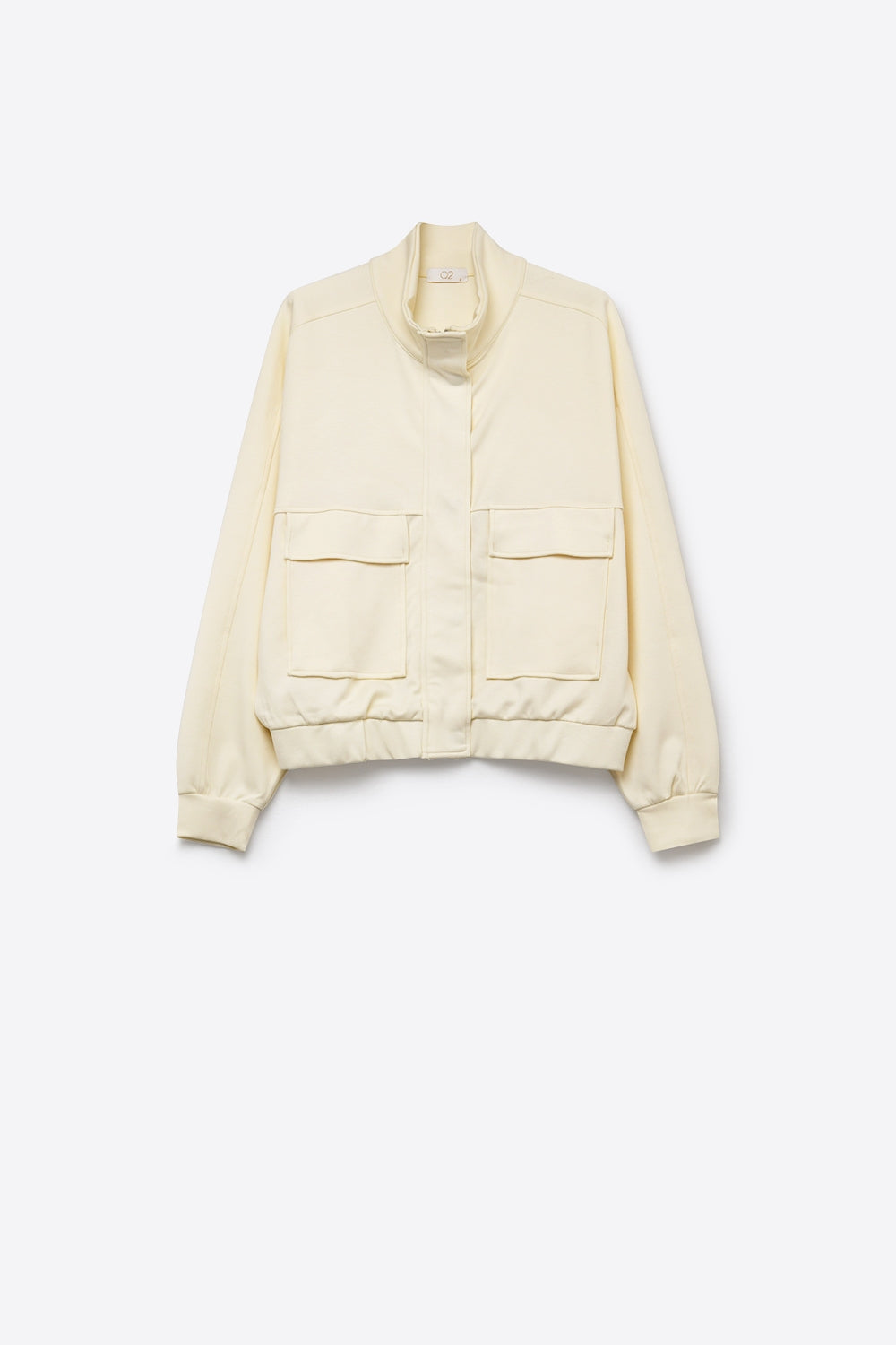 Cream viscose High Collar Pocket Front Relaxed Fit Bomber Jacket