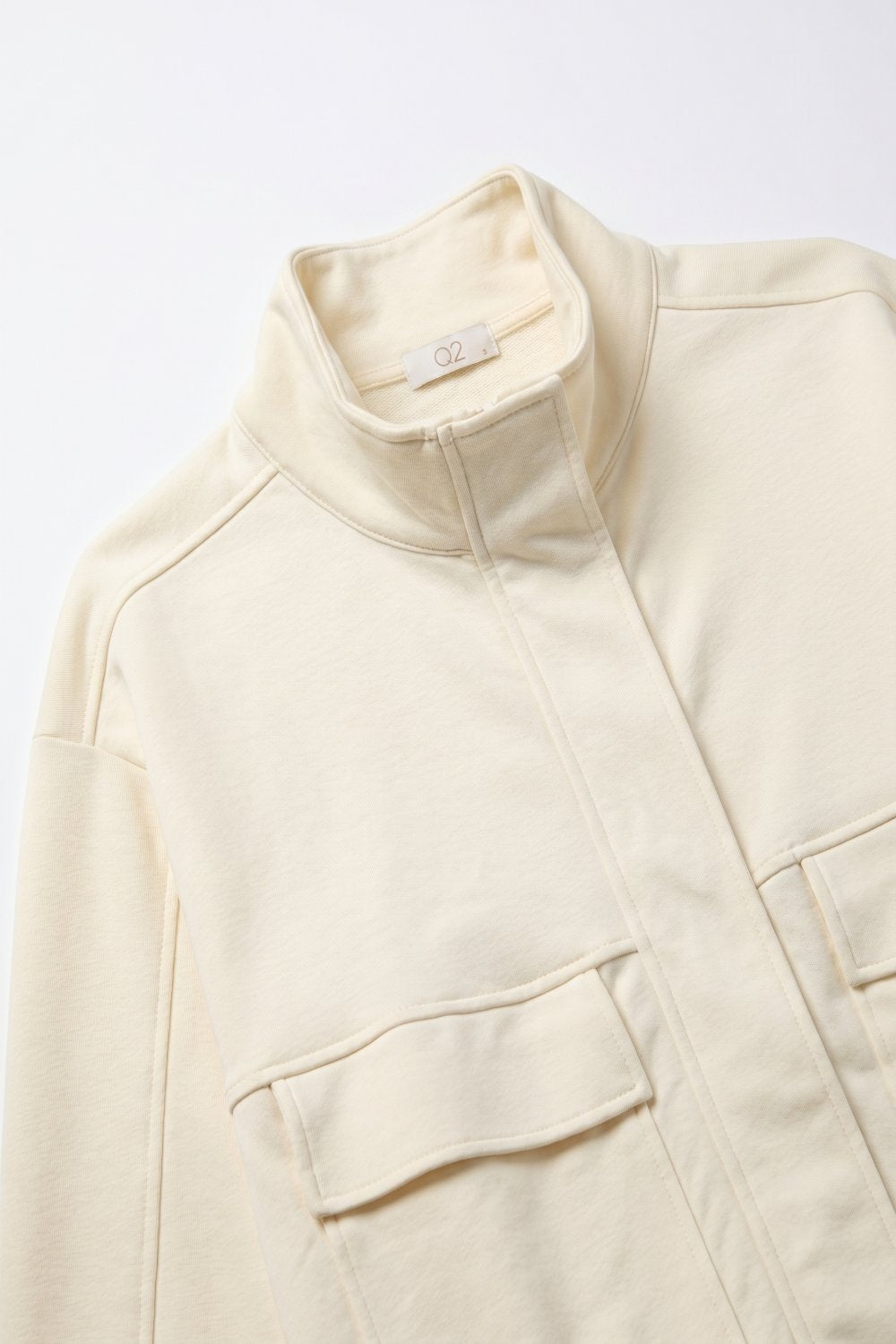 Cream viscose High Collar Pocket Front Relaxed Fit Bomber Jacket