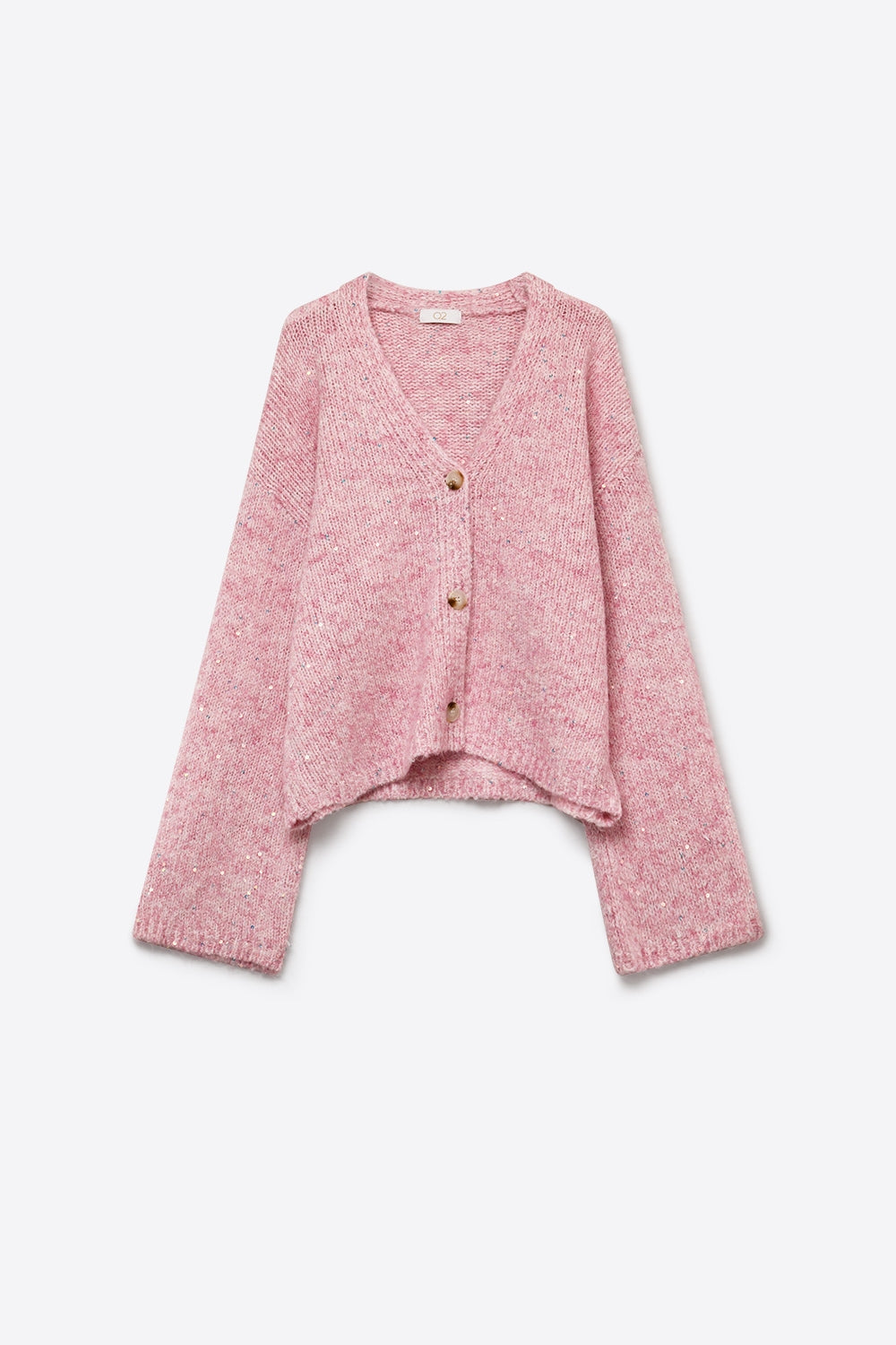 Pink fluffy Knit Button Front Relaxed Fit Cardigan with sequin details
