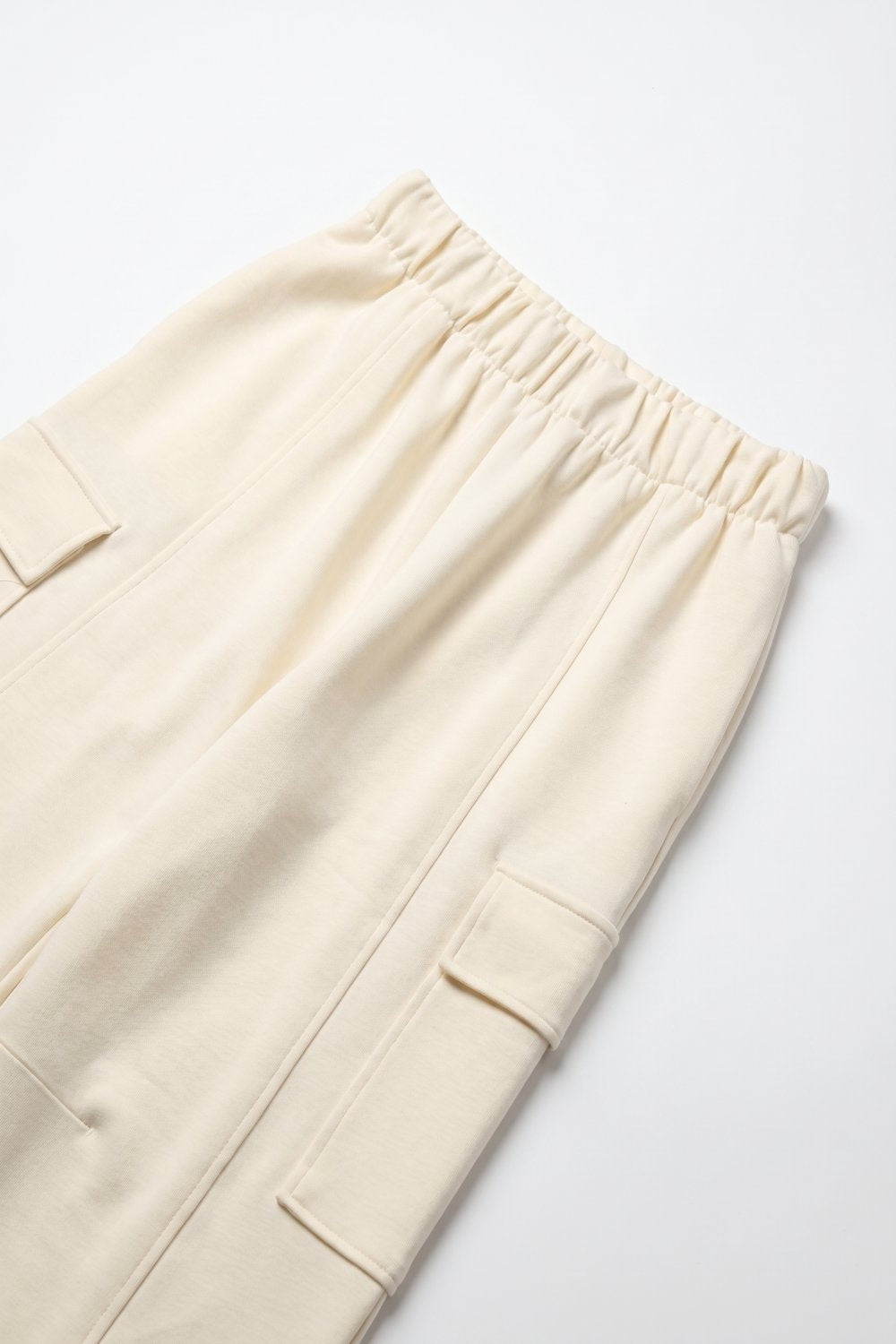 Cream viscose Elastic Waist Cargo Pocket Wide Leg Pants - trousers